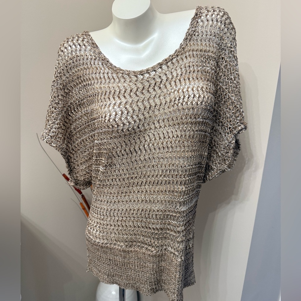 Cato Open Knit Top Womans Sz 22/24 Heather Brown/Tan Dolman Sleeve Blouse Boho